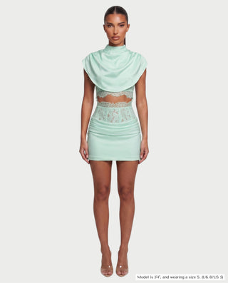 LESKA Draped Top Lace Mini & Skirt Set