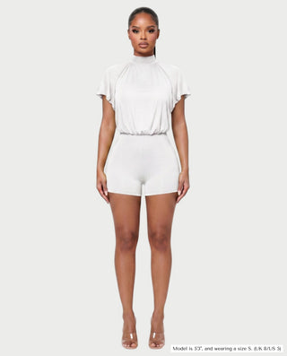 BERNICE Mock Neck Cape Sleeve Open-Back Romper