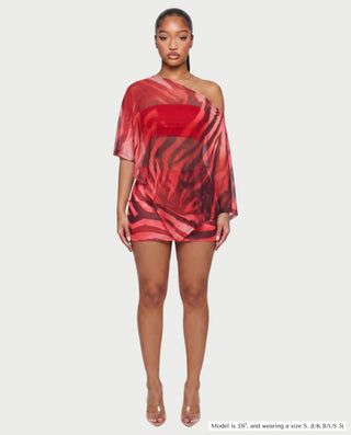 OVALINE Sheer Zebra Print One-Shoulder Top & Mini Skirt Set