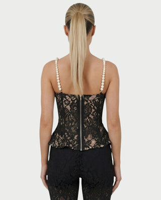 MABELA Sheer Lace Corset Peplum Top & Flared Pants Set