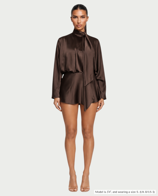 AZIEL Draped Scarf Neck Long Sleeve Mini Dress