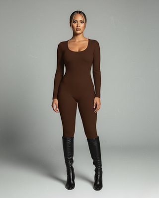 HINNA Plunge Neck Long Sleeve Jumpsuit