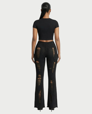 ALOMA Ripped Ribbed Knit Flared Pants