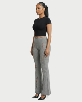ALOMA Ripped Ribbed Knit Flared Pants