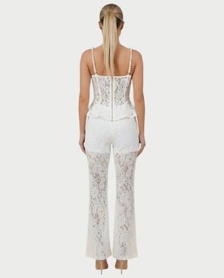 MABELA Sheer Lace Corset Peplum Top & Flared Pants Set