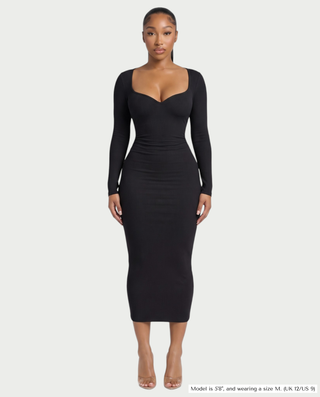 CORA Ribbed Knit Sweetheart Square Neck Midi Dress
