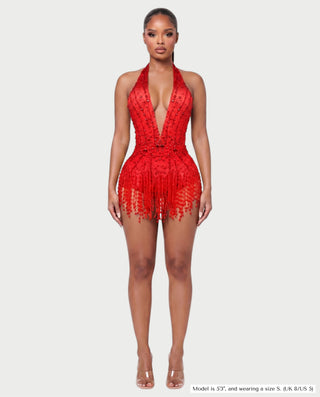 EMERA Rhinestone Beaded Halter Mini Dress