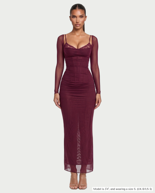 NOIR Lace Bust Sheer Mesh Long Sleeve Maxi Dress
