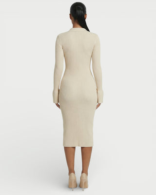 ELYSIA Ribbed Knit Collared Midi Dress
