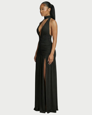 SORAYA Backless Halter Plunge Maxi Dress