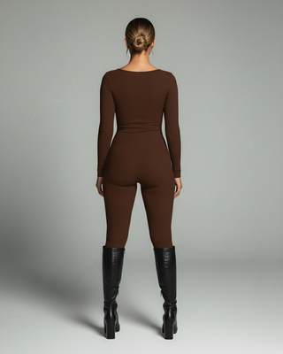 HINNA Plunge Neck Long Sleeve Jumpsuit