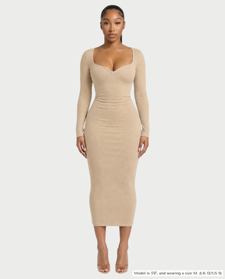 CORA Ribbed Knit Sweetheart Square Neck Midi Dress