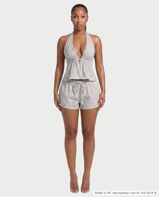 HARIYA Striped Halter Peplum Top & Shorts Set