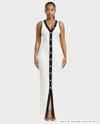 PONY Button-Front Ribbed Knit Bodycon Maxi Dress