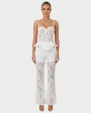 MABELA Sheer Lace Corset Peplum Top & Flared Pants Set