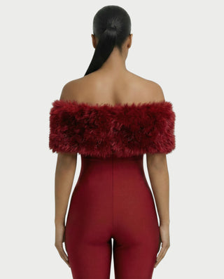 TRINA Off-Shoulder Faux Fur Trim Jumpsuit
