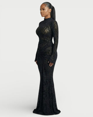 LIYANA Lace Ruched Bell Sleeve Maxi Dress