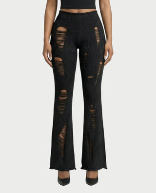 ALOMA Ripped Ribbed Knit Flared Pants