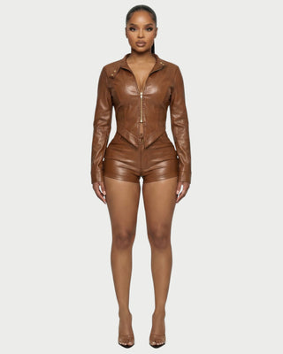 BRIXA Leather Jacket & High-Waist Shorts Set
