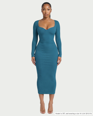 CORA Ribbed Knit Sweetheart Square Neck Midi Dress