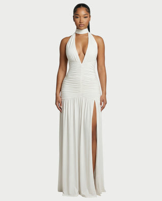 SORAYA Backless Halter Plunge Maxi Dress