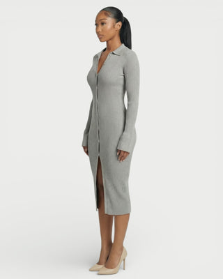 ELYSIA Ribbed Knit Collared Midi Dress