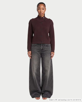 XONA Button Front High-Neck Ribbed Knit Cardigan