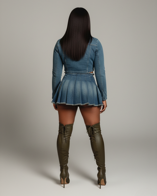 DANIELA Cropped Denim Jacket & Pleated Mini Skirt Set