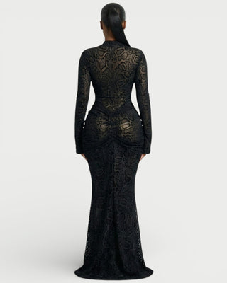 LIYANA Lace Ruched Bell Sleeve Maxi Dress