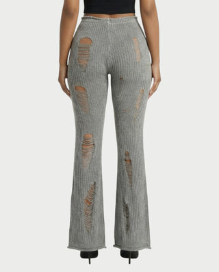 ALOMA Ripped Ribbed Knit Flared Pants