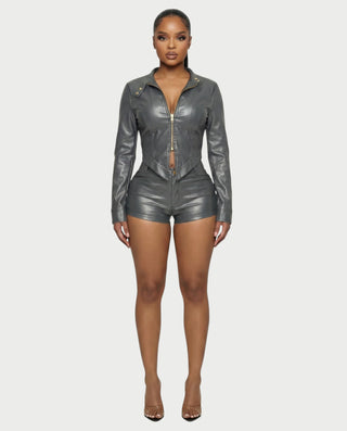 BRIXA Leather Jacket & High-Waist Shorts Set