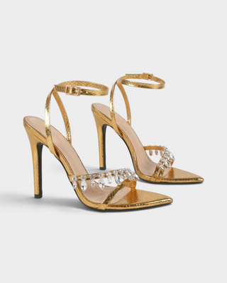 NARCY Metallic Crystal-Drop Open-Toe Stiletto Heels