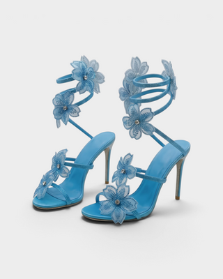 PALMERA Rhinestone Floral Appliqué Ankle-Wrap Stiletto Heels