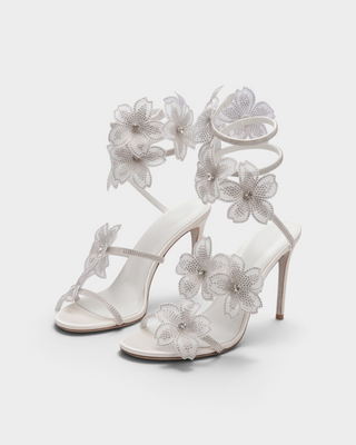 PALMERA Rhinestone Floral Appliqué Ankle-Wrap Stiletto Heels