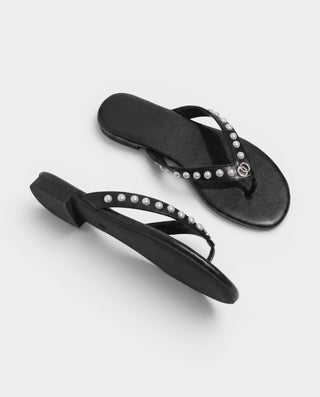MORLINA Leather Pearl Thong Flat Sandals