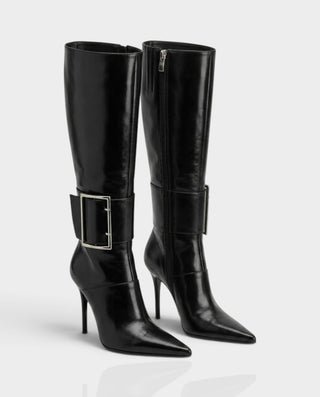 ANALEIA Pointed Toe Oversized Buckle Stiletto Heel Boots