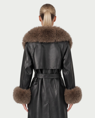 ZAMICA Faux Leather Faux Fur Collar Belted Trench Coat