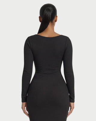 CORA Ribbed Knit Sweetheart Square Neck Midi Dress