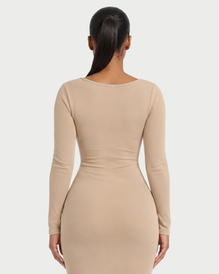 CORA Ribbed Knit Sweetheart Square Neck Midi Dress