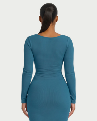 CORA Ribbed Knit Sweetheart Square Neck Midi Dress