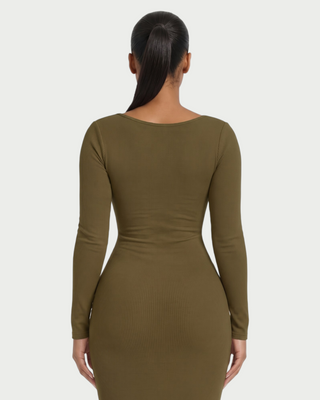 CORA Ribbed Knit Sweetheart Square Neck Midi Dress