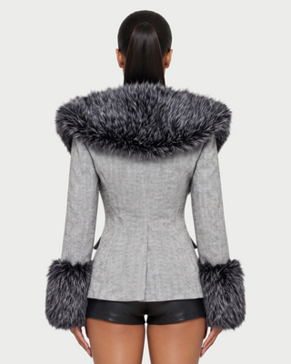 CELINA Faux Fur Trim Herringbone Blazer