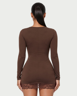 LOREI Lace Trim Square Neck Long Sleeve Mini Dress