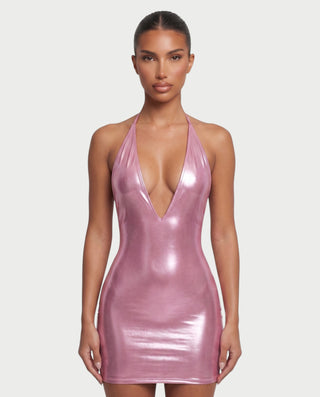 CLARICE Plunging Halter Metallic Mini Dress