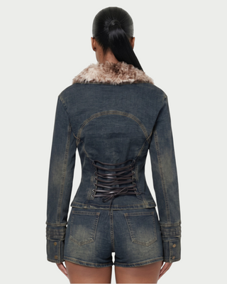 ILLIANA Faux Fur Collar Lace-Up Back Denim Jacket