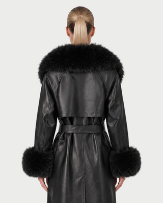 ZAMICA Faux Leather Faux Fur Collar Belted Trench Coat