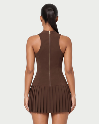 RETTA Mock Neck Belted Pleated Mini Dress