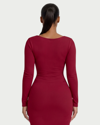 CORA Ribbed Knit Sweetheart Square Neck Midi Dress