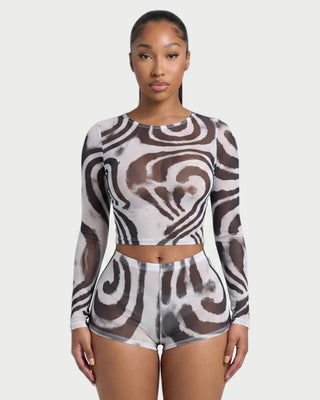 TRIMA Sheer Swirl Print Crop Top & Shorts Set