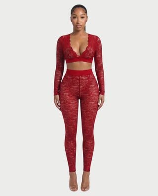 KAMARIA Lace Plunge Neckline Top & Tights Set